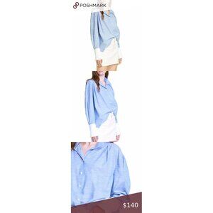 FRAME Blue Boxy Pleated Contrast Cuff Button Up Shirt, Size M